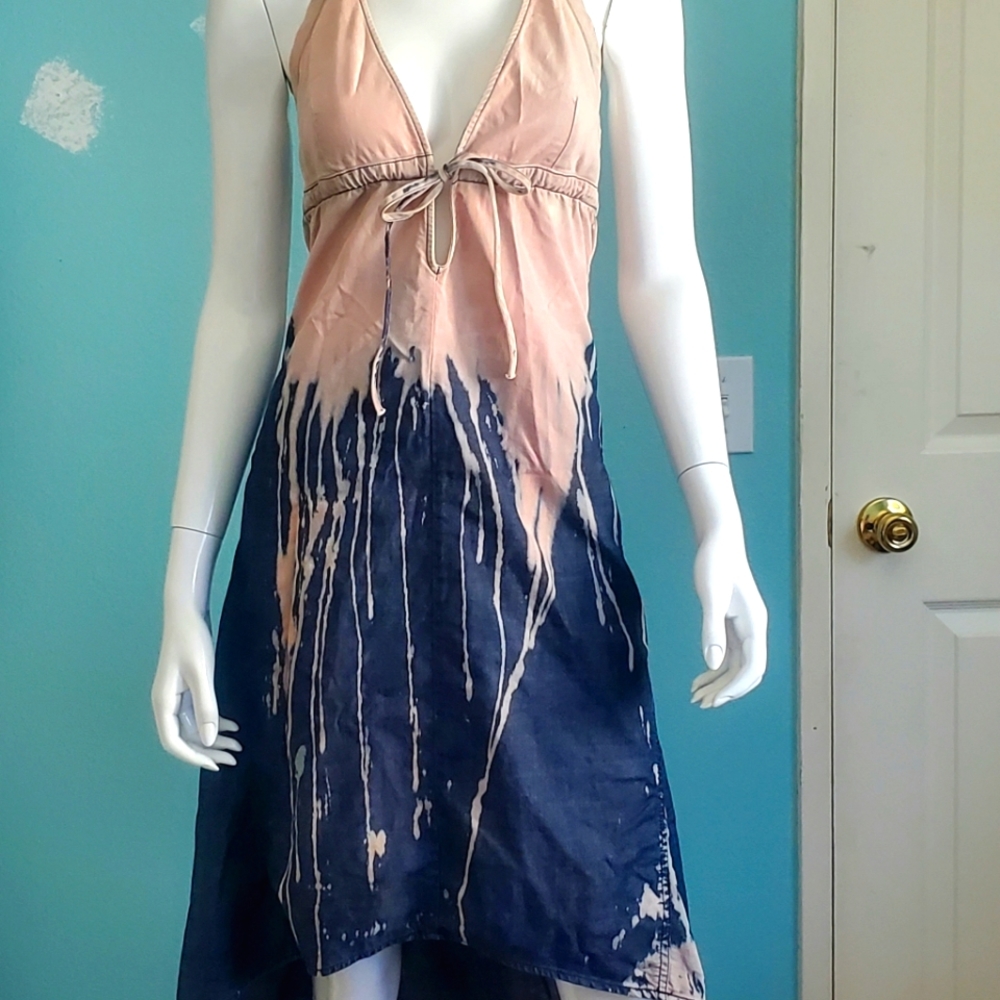 Diesel Pink Splatter Denim Plunge Halter Dress